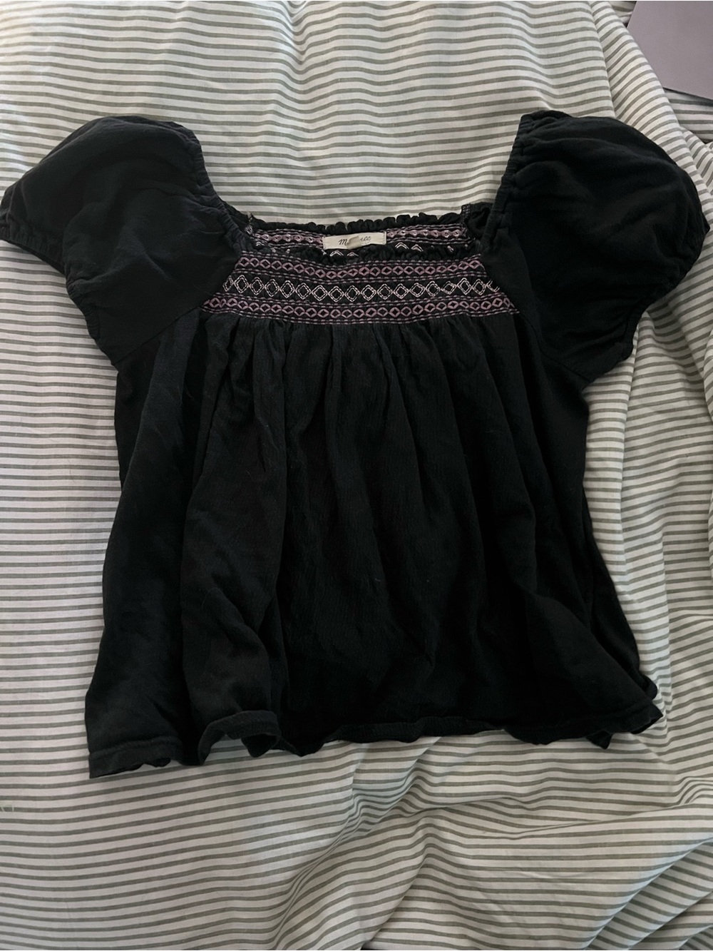 Madewell Black Puff Sleeve Square Neck Top with Pink Embroidery